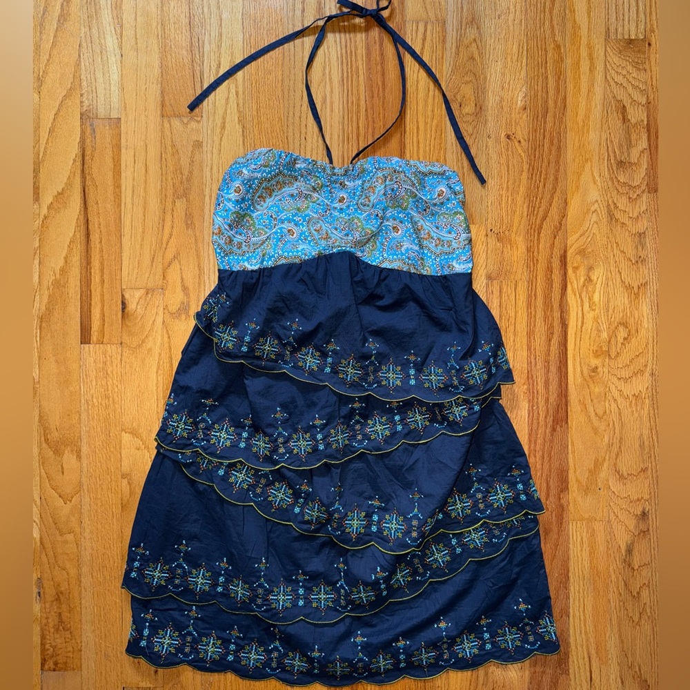 BRAND NEW with Tags Navy Blue Halter Dress with Embroidered Details
